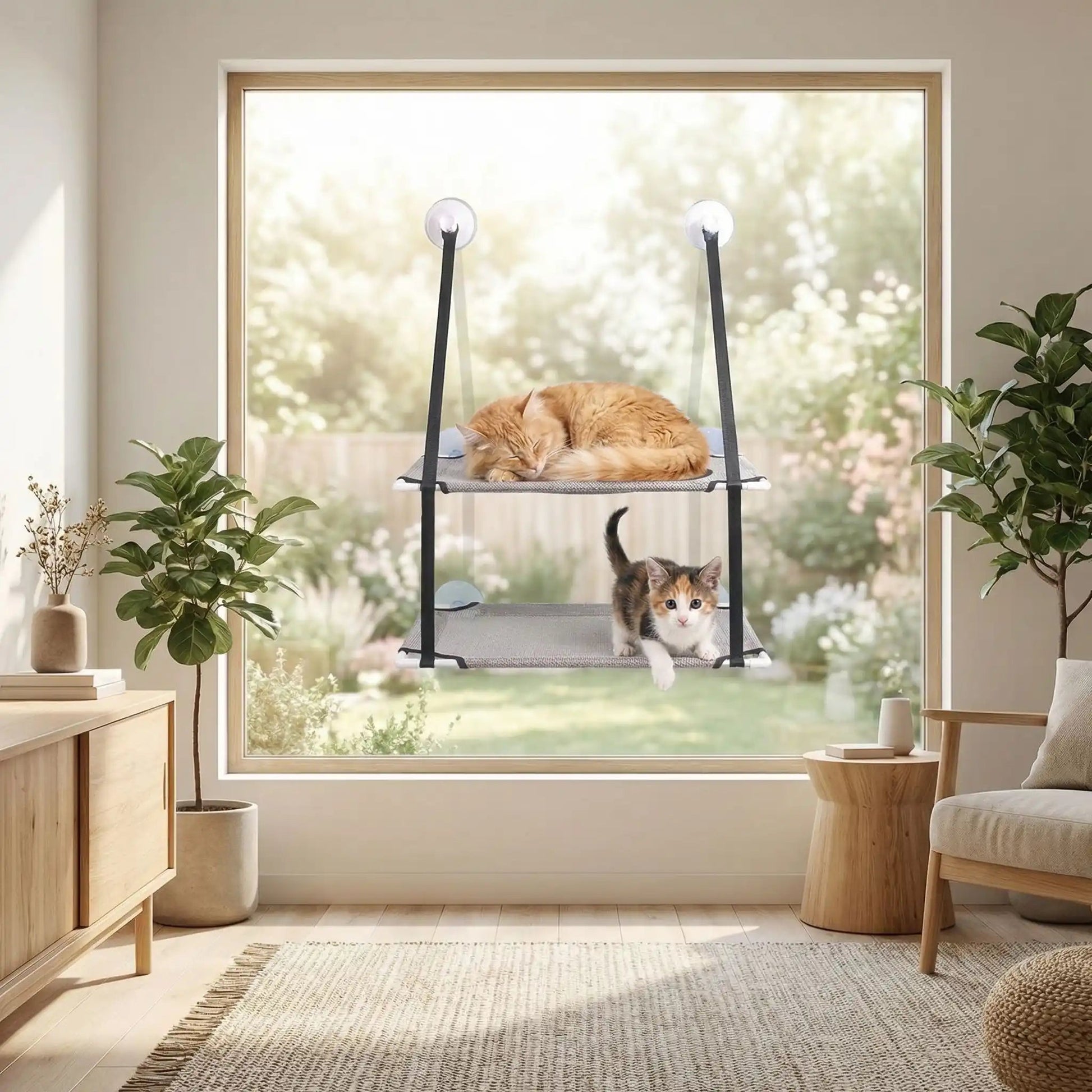 hamac chat fenetre tapis meuble plante jardin vase