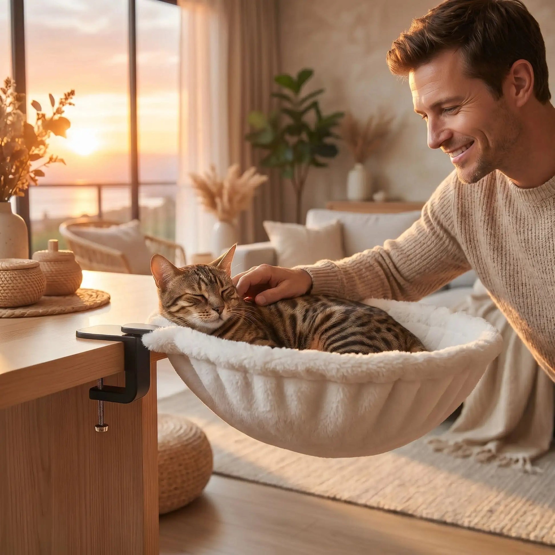 hamac chat homme souriant caresse bengal soleil coussin