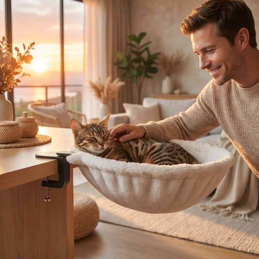 hamac chat homme souriant caresse bengal soleil coussin