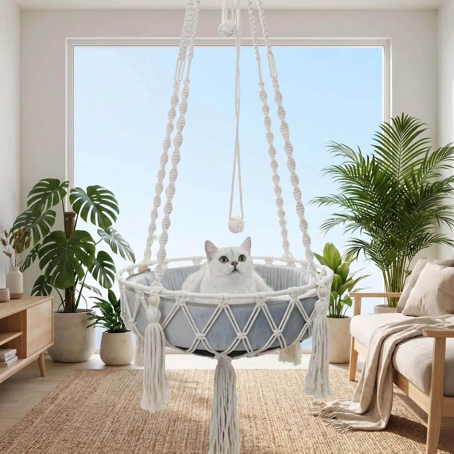 hamac chat plante verte tapis couverture meuble livre vase