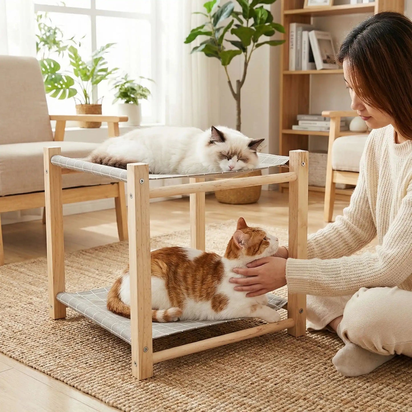 hamac pour chat femme caresse chat livre plante
