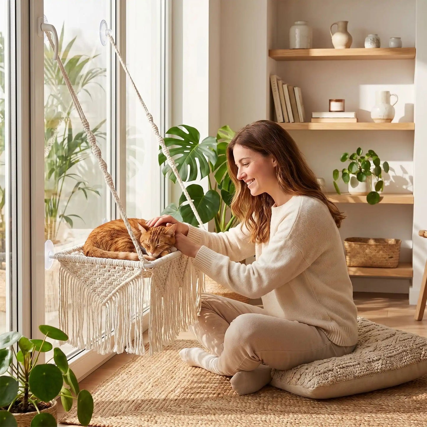 hamac pour chat femme souriante coussin tapis vase