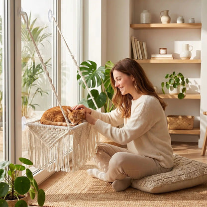hamac pour chat femme souriante coussin tapis vase