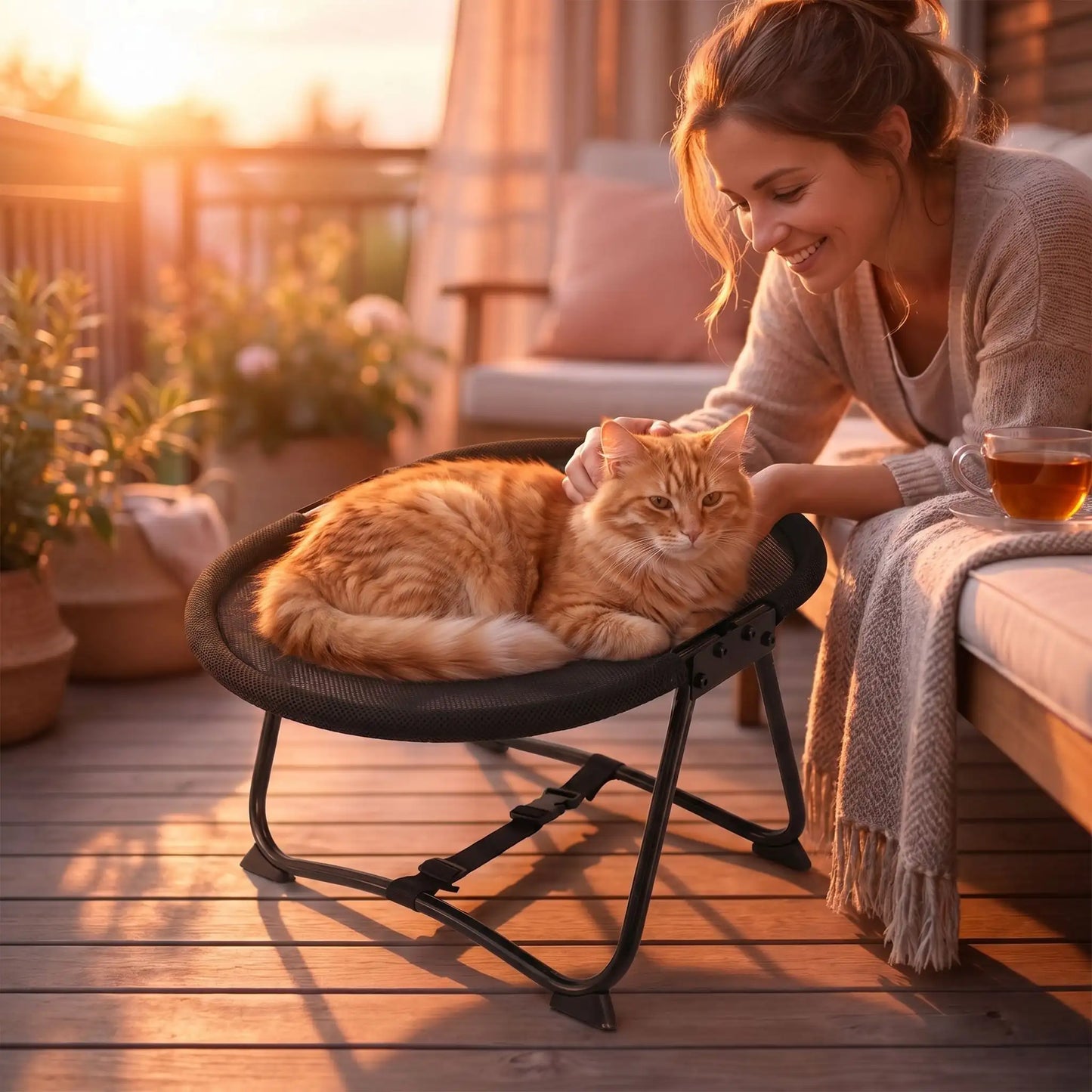 hamac pour chat femme souriante soleil arbre verre