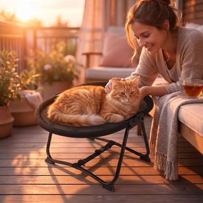 hamac pour chat femme souriante soleil arbre verre