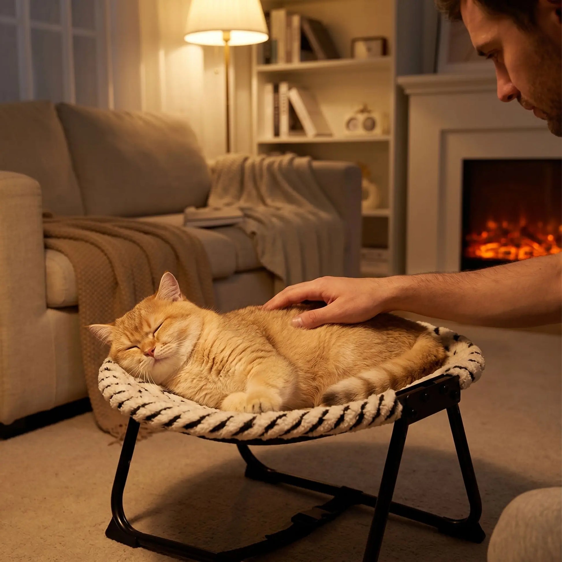 hamac pour chat homme caresse chat lampe livre