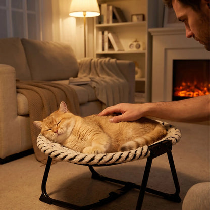 hamac pour chat homme caresse chat lampe livre