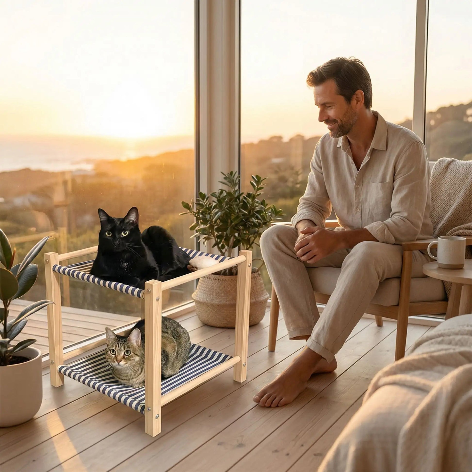hamac pour chat homme regarde chat verre plante verte