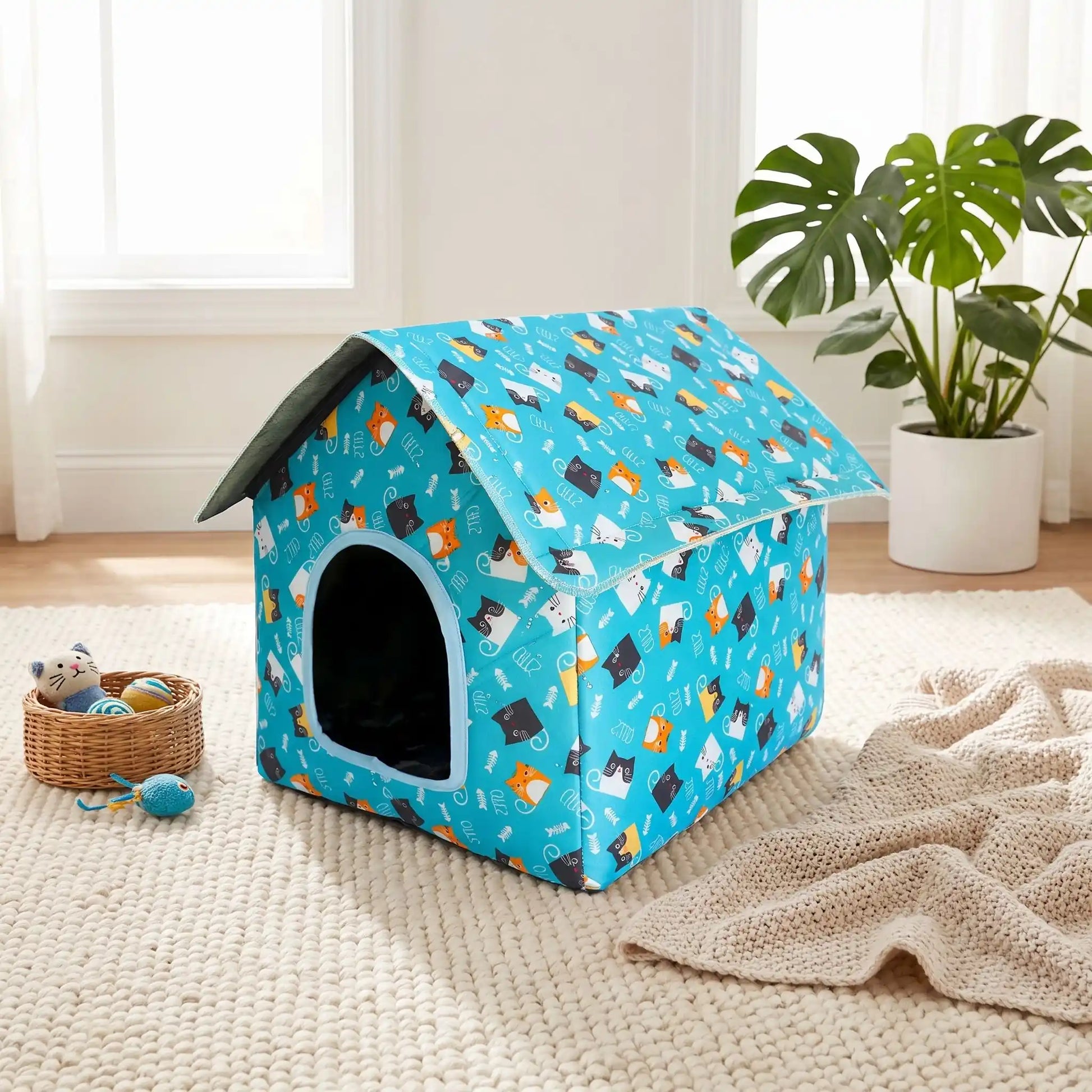 maison pour chats couleur bleu plante jouet tapis