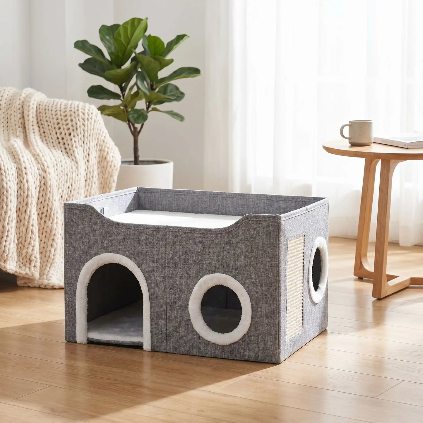 maison pour chats couleur gris mug rideaux livre