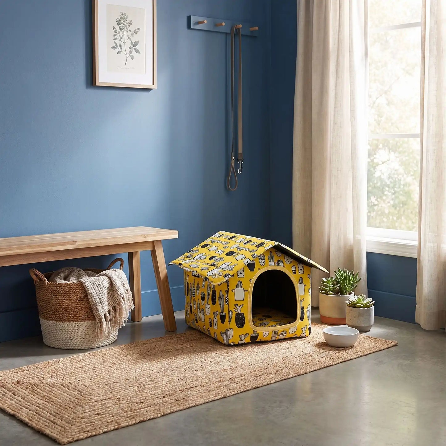 maison pour chats couleur jaune tableaux rideaux banc