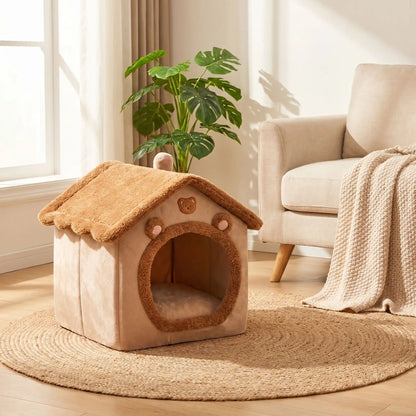 maison pour chats couleur marron plante verte tapis