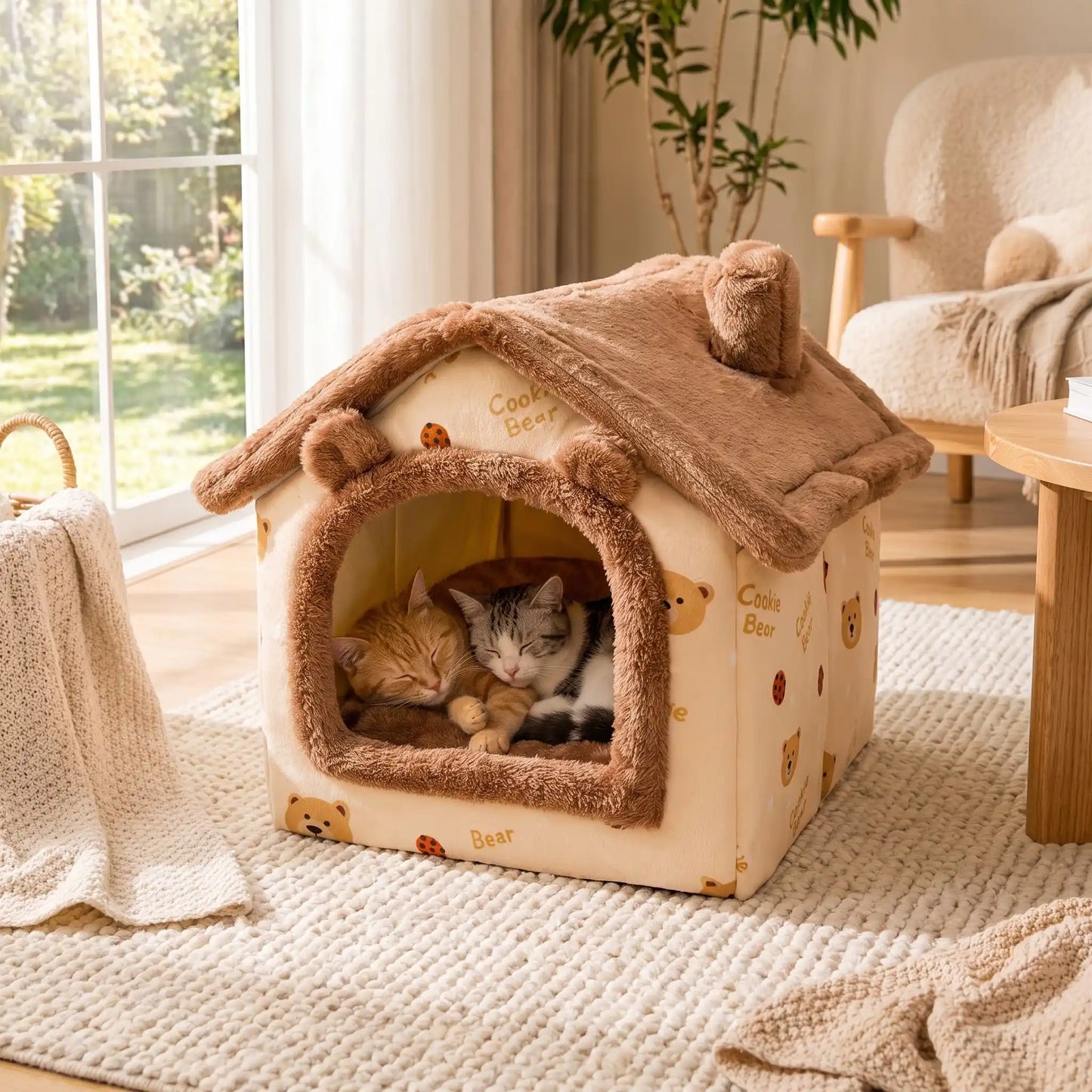 maison pour chats deux chat dorment rideaux jardin