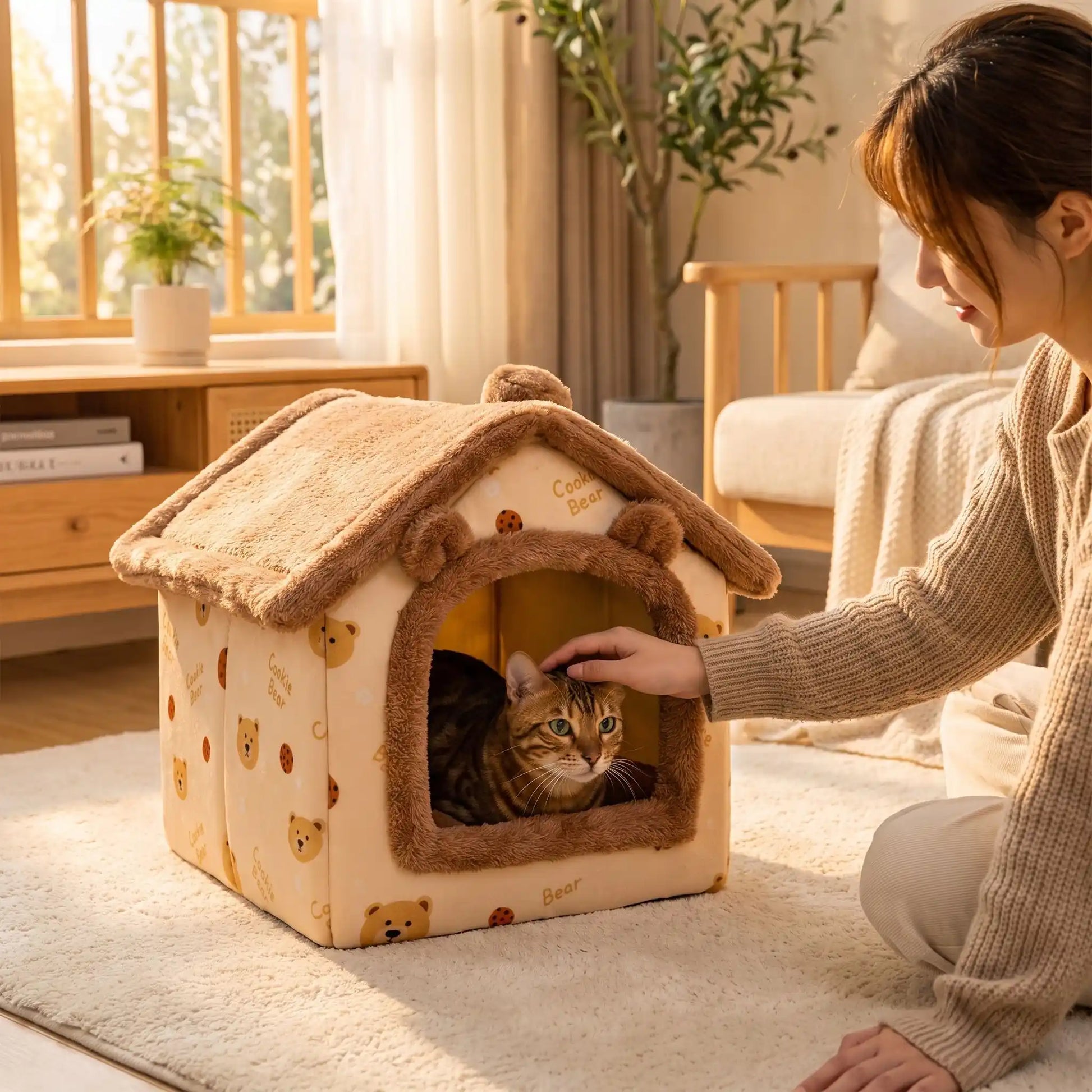 maison pour chats femme caresse bengal tapis plante