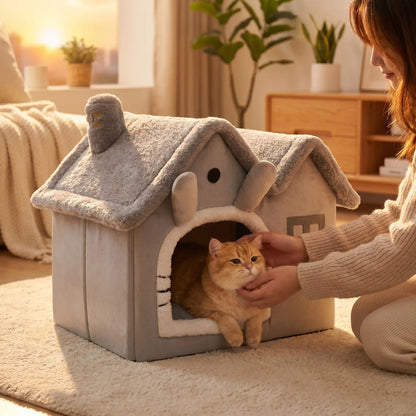 maison pour chats femme caresse chat rideaux meuble