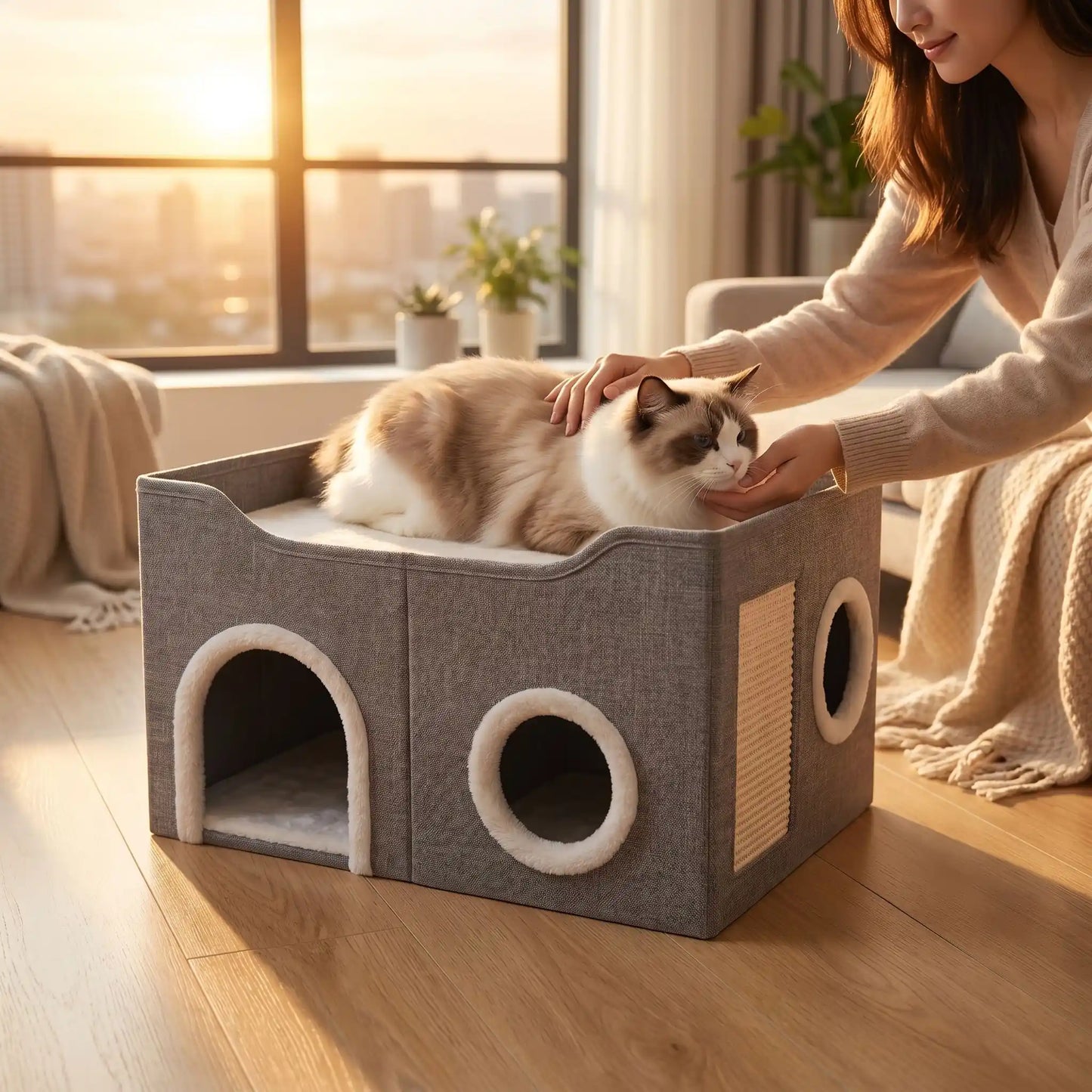 maison pour chats femme caresse chat soleil immeuble