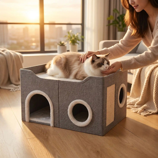 maison pour chats femme caresse chat soleil immeuble