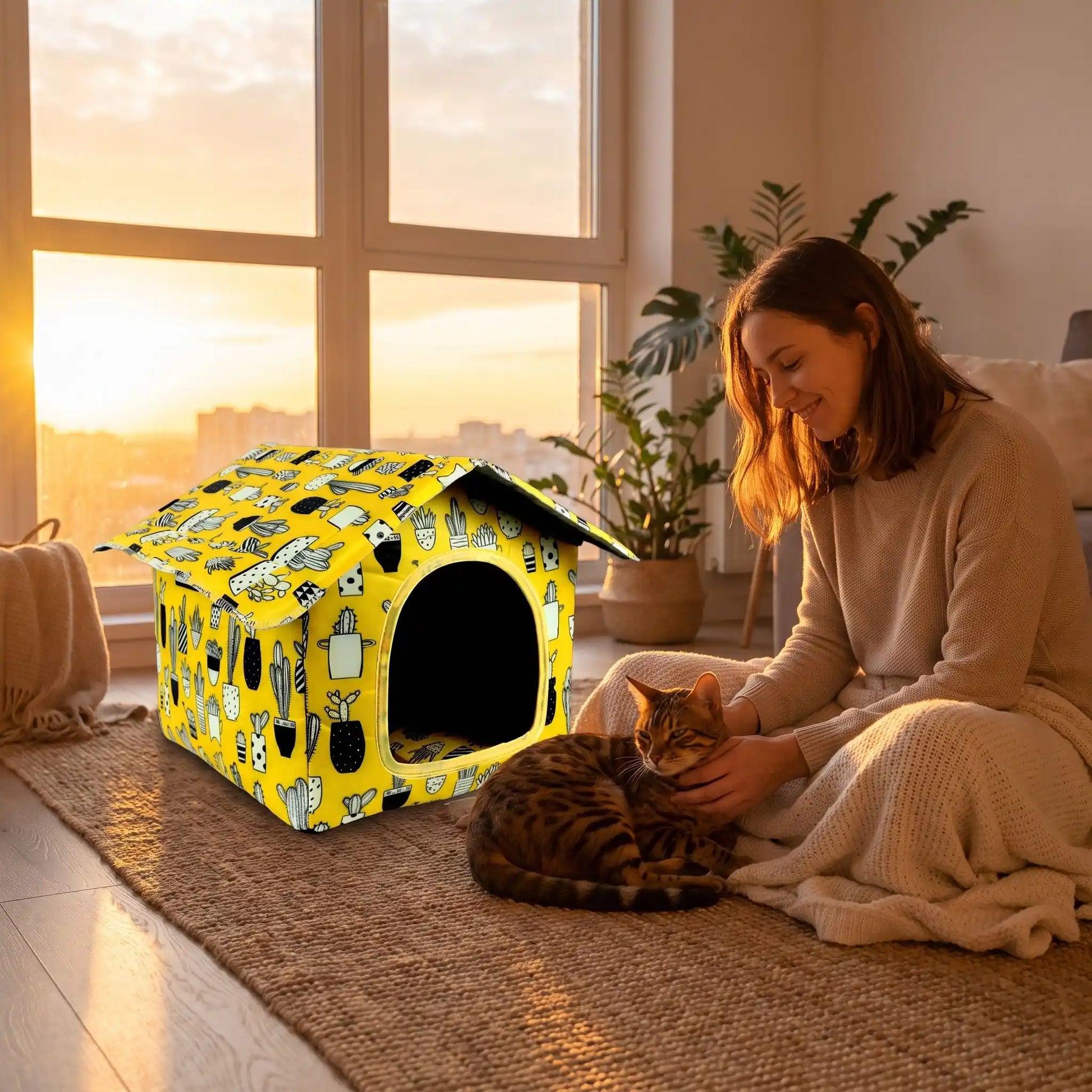 maison pour chats femme souriante caresse bengal plante
