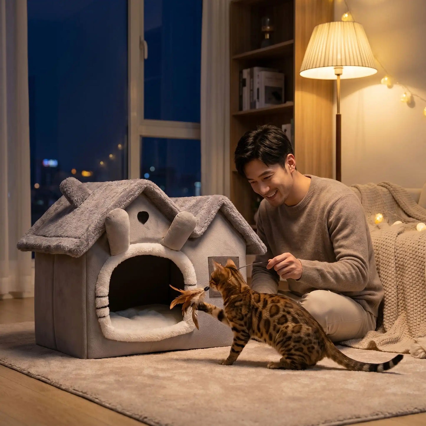 maison pour chats homme joue bengal lampe livre