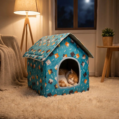 maison pour chats lampe nuit tapis blanc chat dors