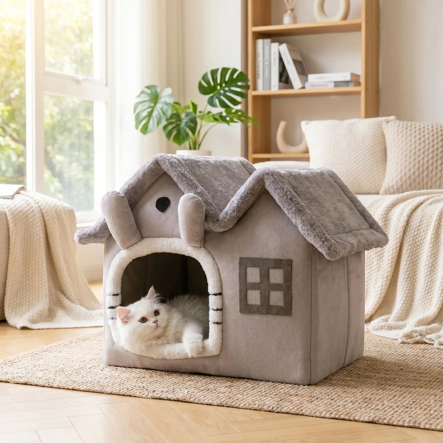 maison pour chats livre coussin blanc couverture tapis