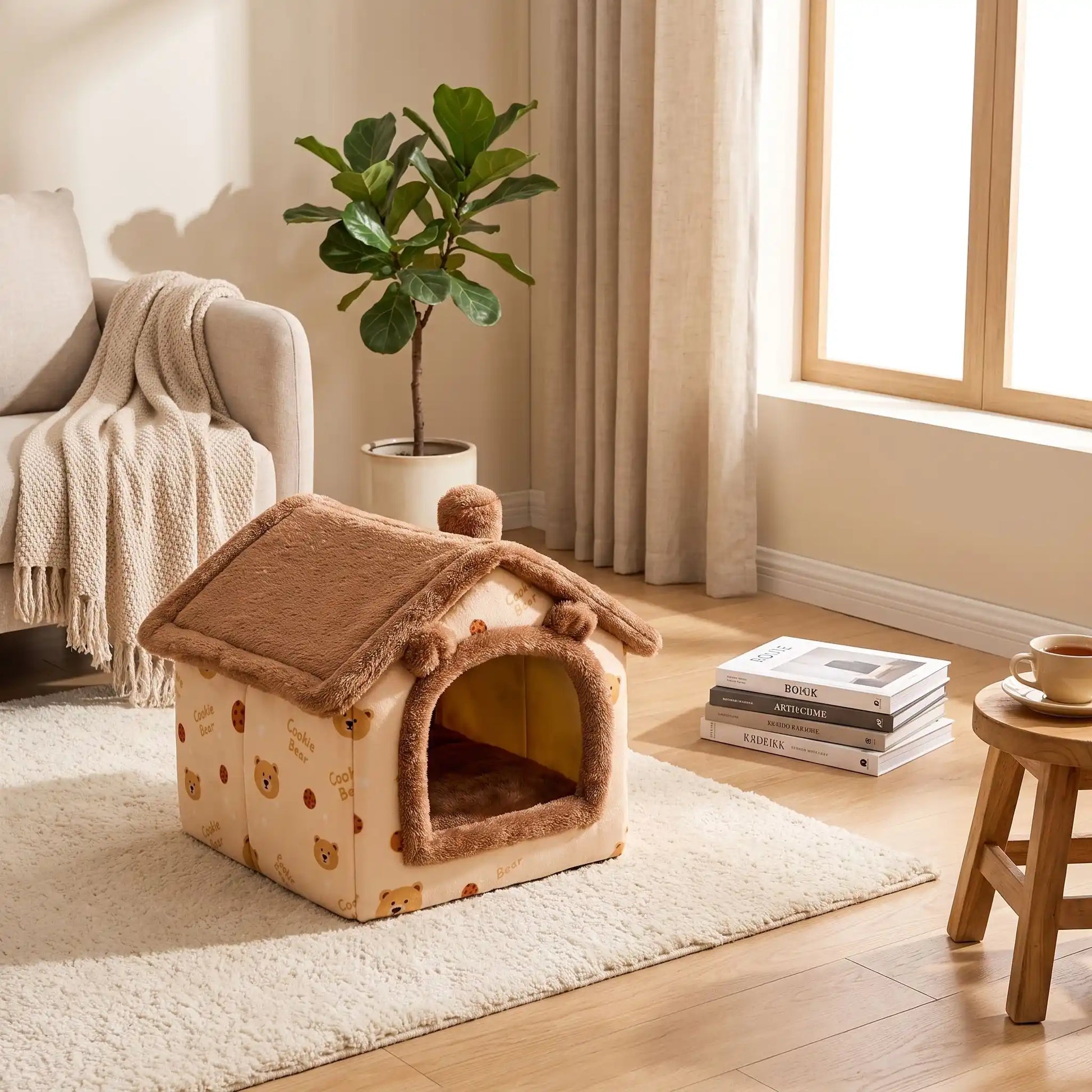 maison pour chats toit marron livre verre tapis blanc
