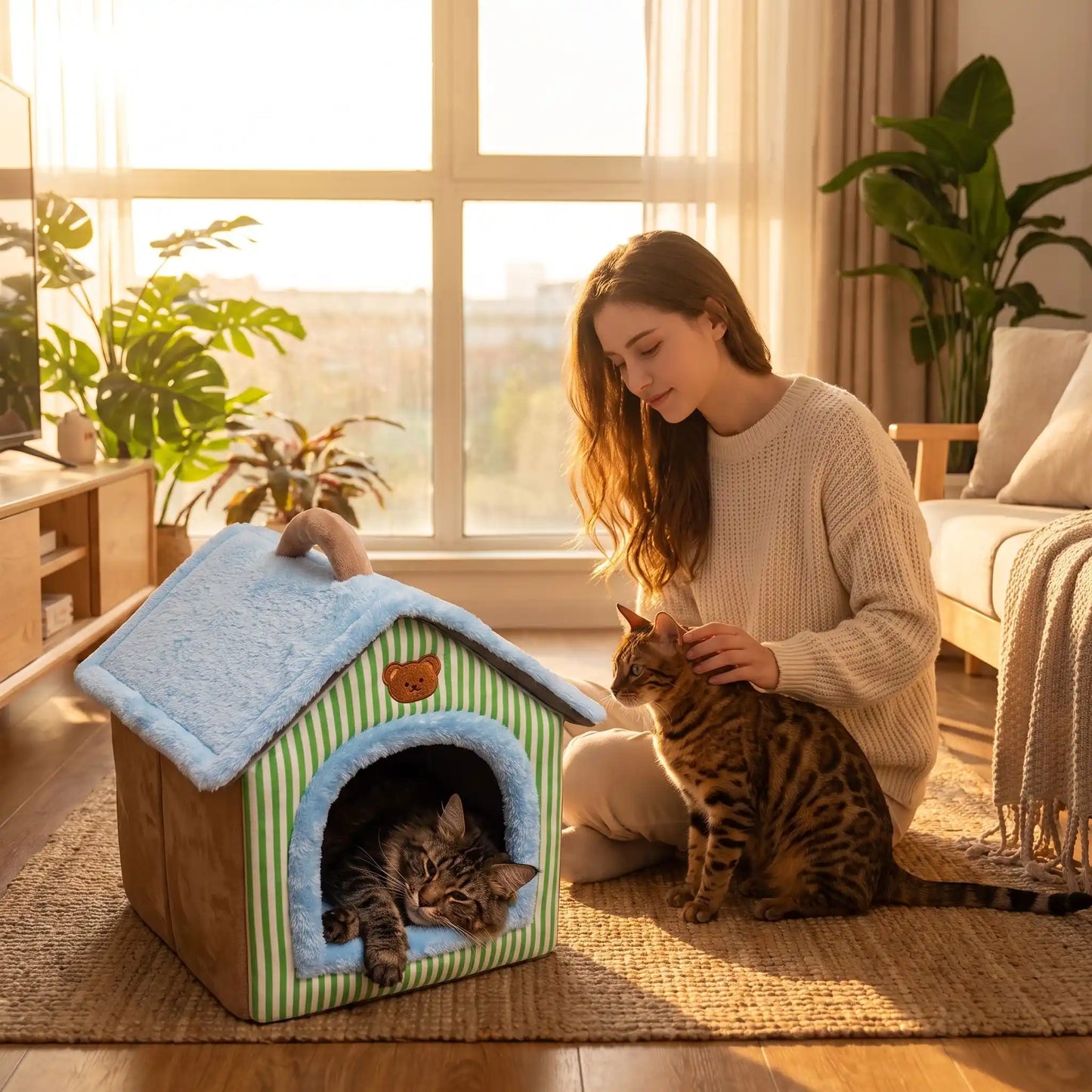 maison pour les chats bengal femme rideaux plante