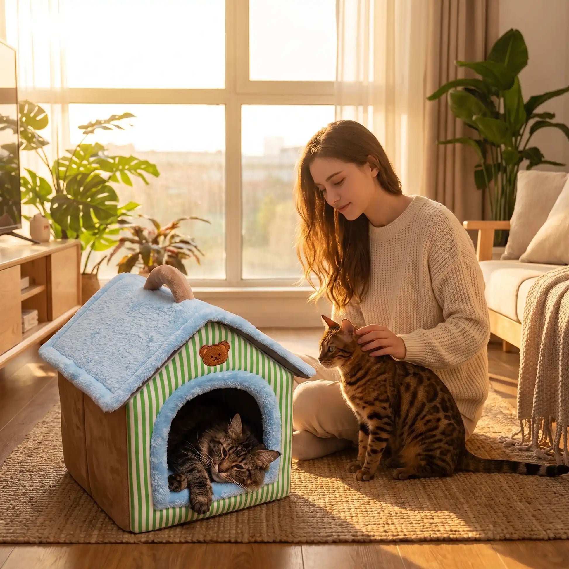 maison pour les chats bengal femme rideaux plante