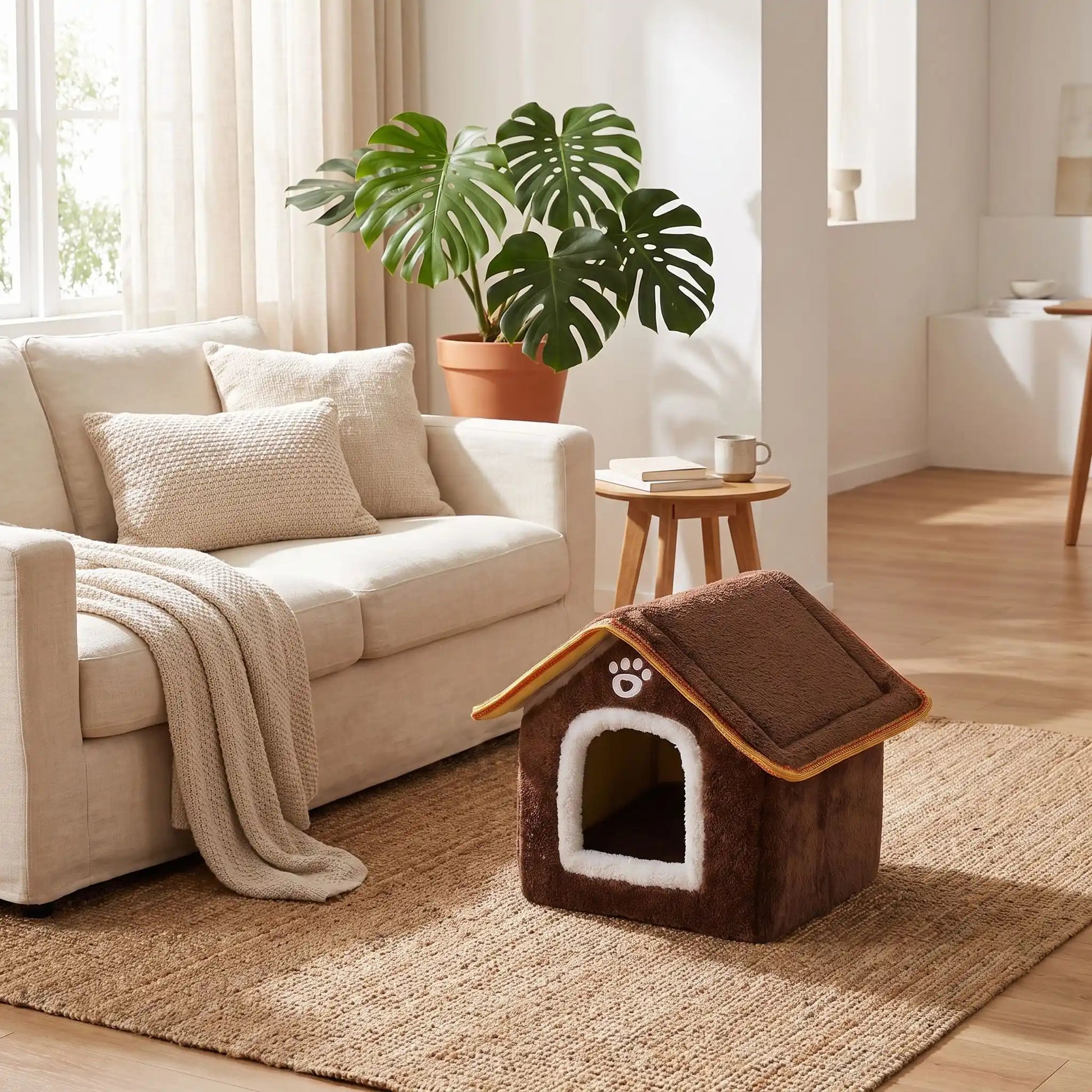maison pour les chats couleur marron coussin blanc