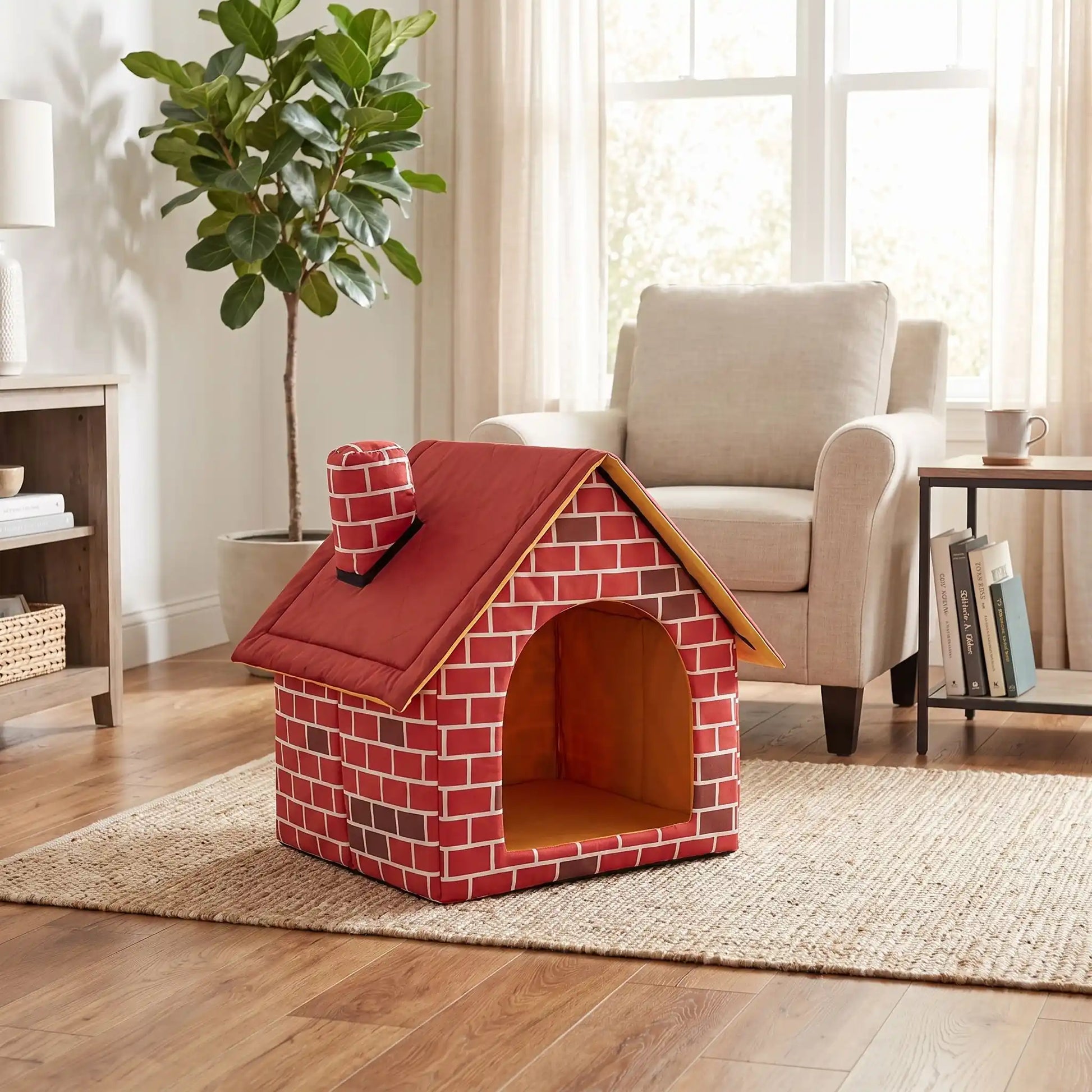 maison pour les chats couleur rouge plante verte verre