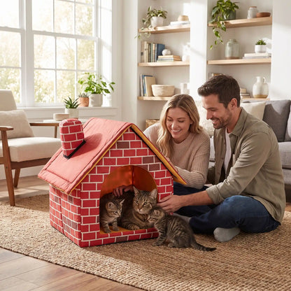 maison pour les chats femme homme souriant chaton fauteuil