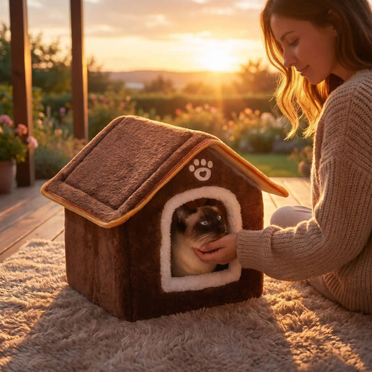 maison pour les chats femme souriante caresse siamois