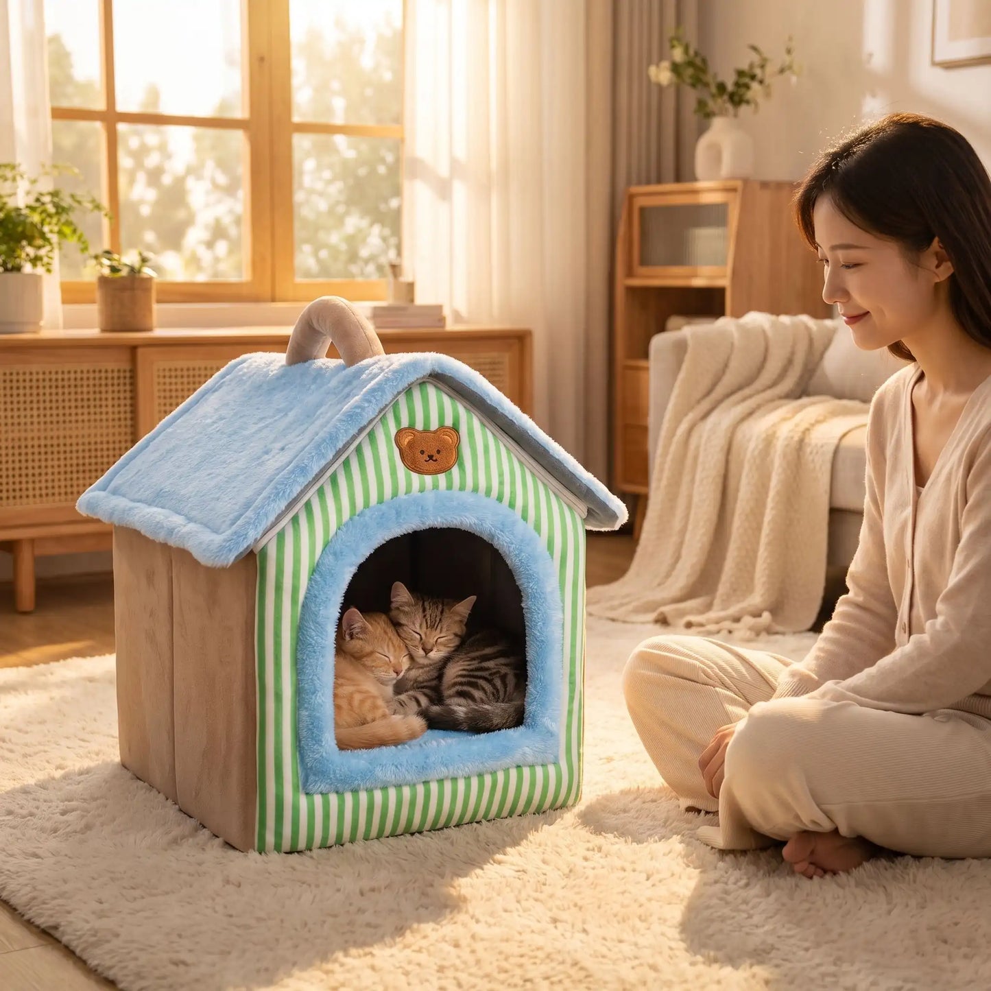 maison pour les chats femme souriante deux chat dorment