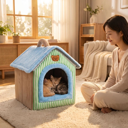 maison pour les chats femme souriante deux chat dorment
