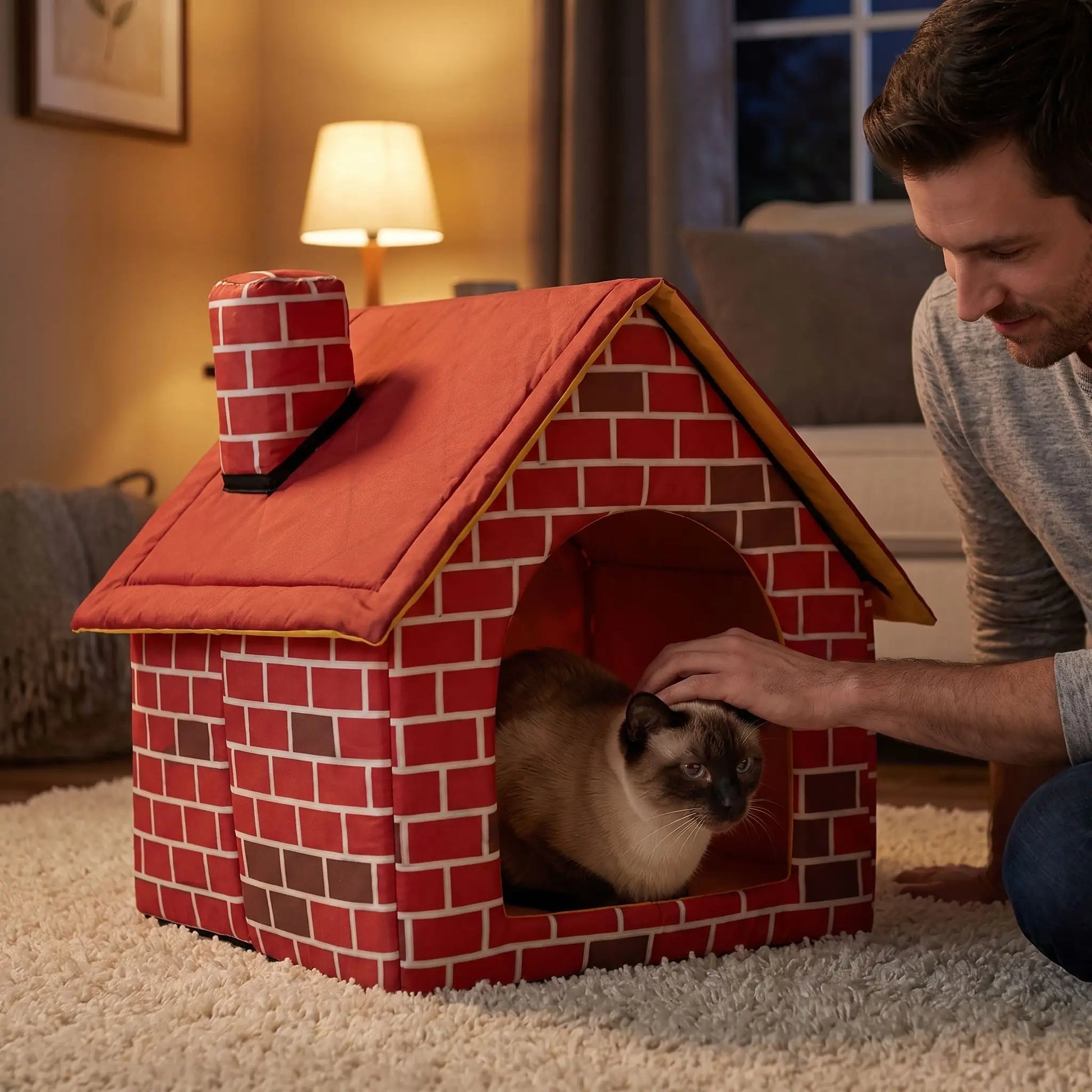 maison pour les chats homme caresse siamois lampe nuit