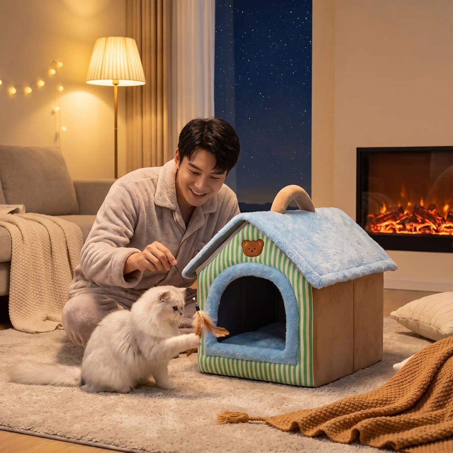 maison pour les chats homme souriant lampe nuit