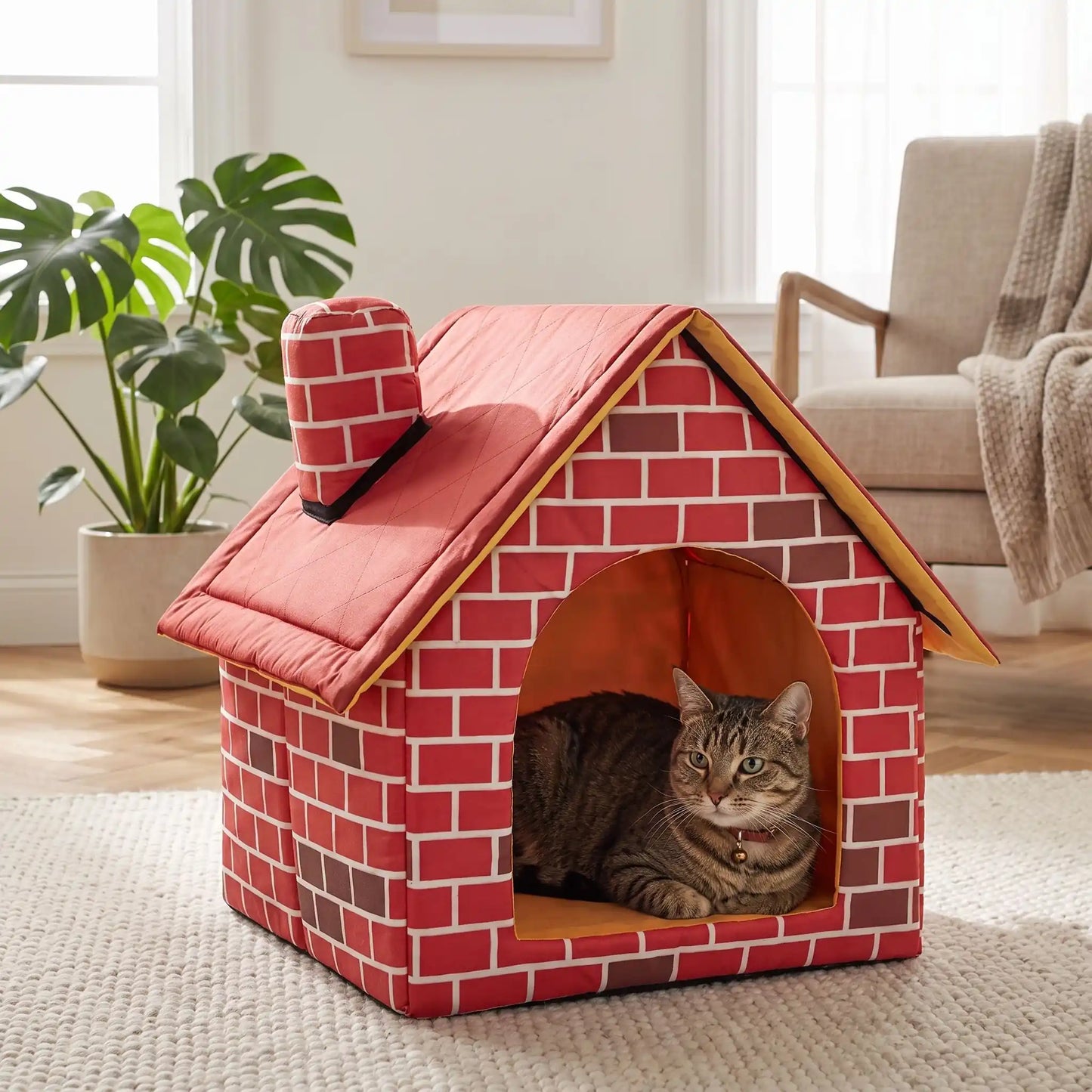 maison pour les chats rouge plante tableaux tapis