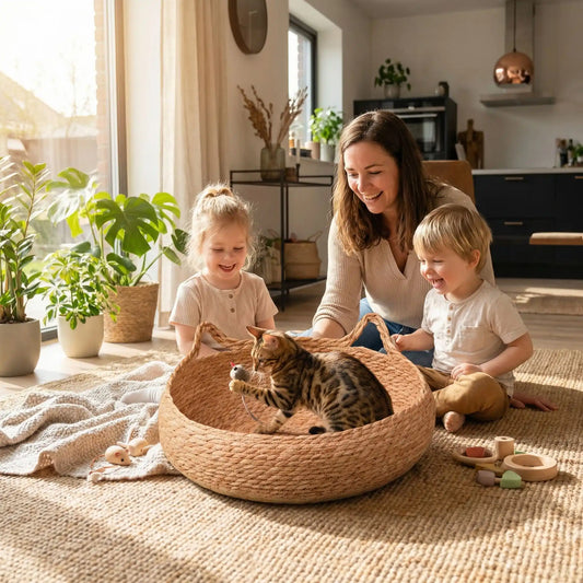 panier chat bengal joue famille souriante tapis plante