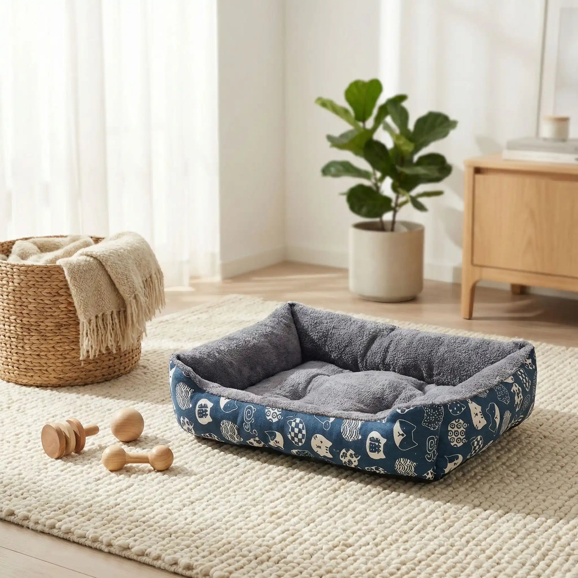 panier chat bleu plante verte tapis blanc corbeille
