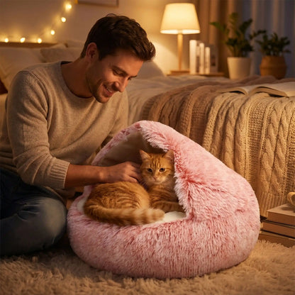 panier chat couleur rose homme caresse chat lampe