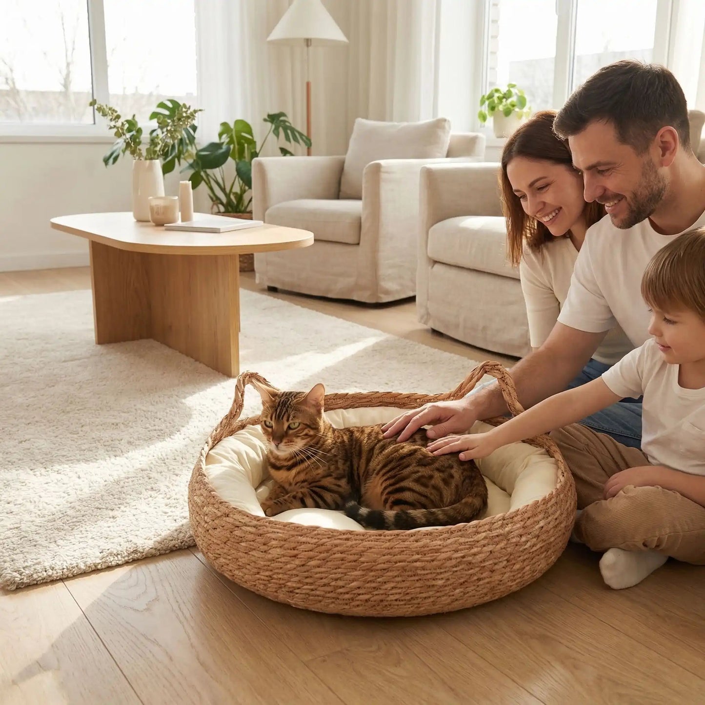 panier chat famille caresse chat bengal vase plante