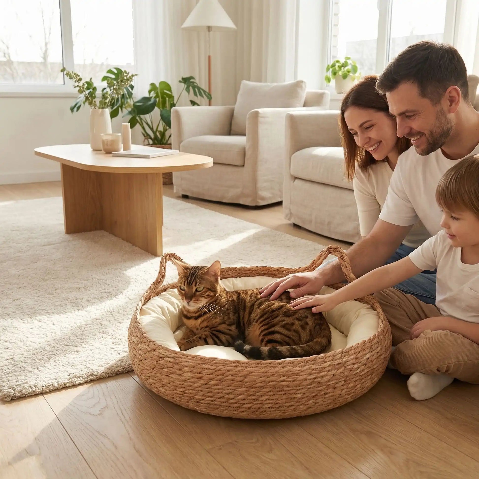 panier chat famille caresse chat bengal vase plante