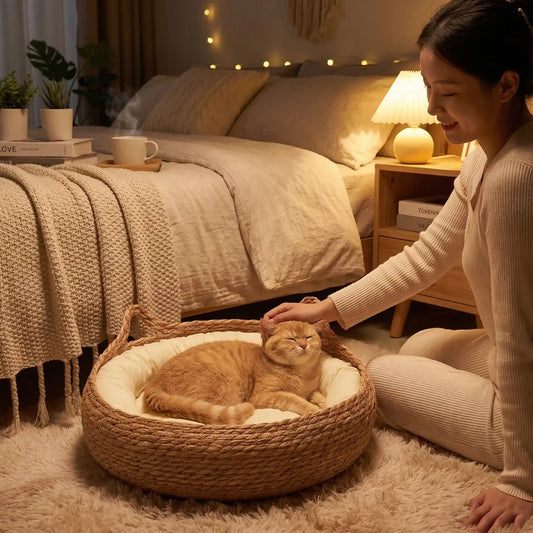 panier chat femme caresse chat lit livre lampe