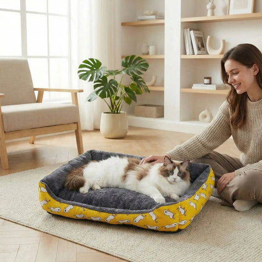 panier chat femme caresse chat plante verte livre