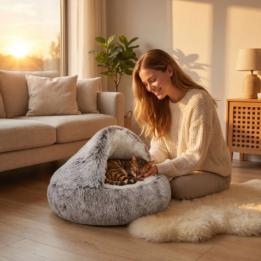 panier chat femme souriante caresse bengal soleil tapis