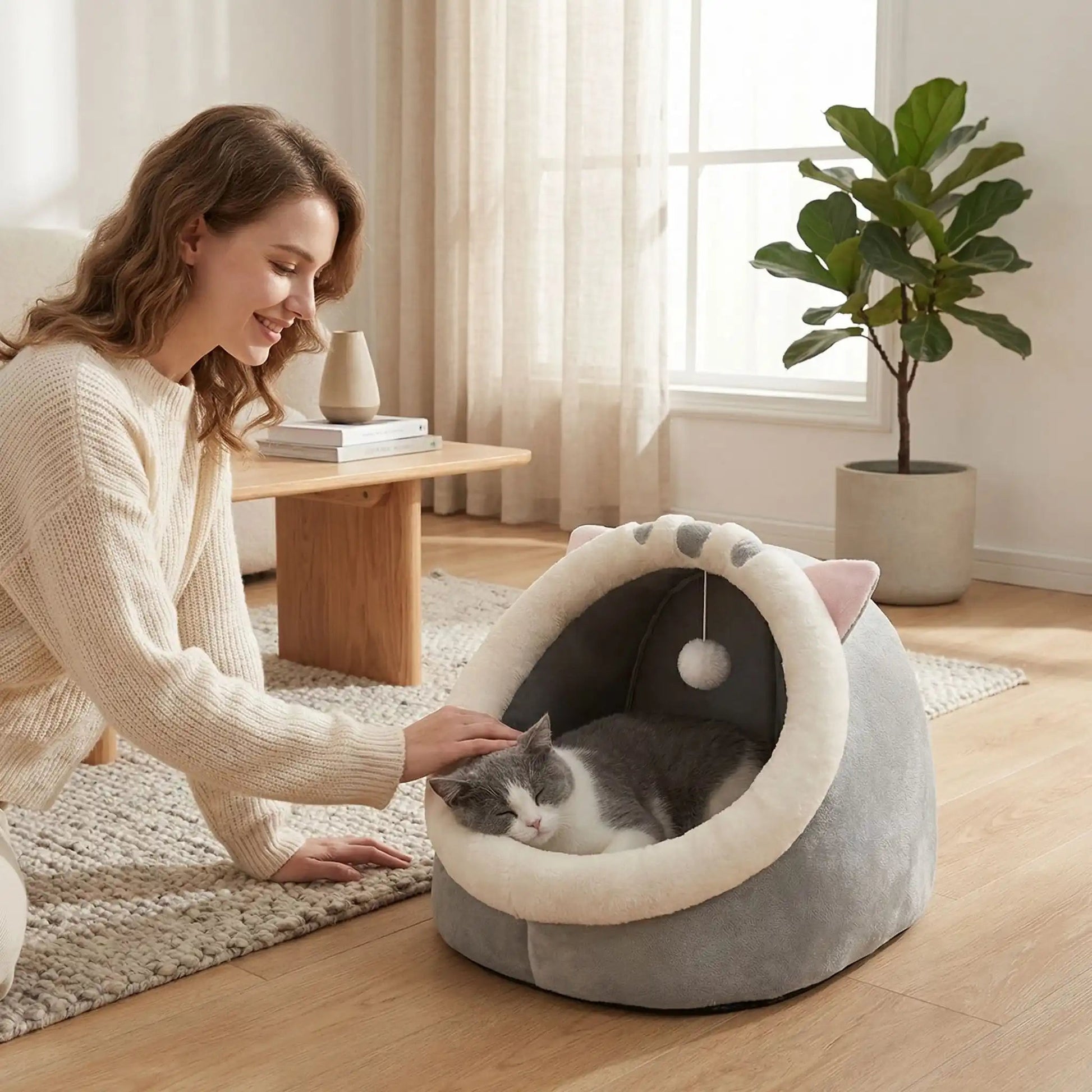 panier chat femme souriante caresse chat table livre