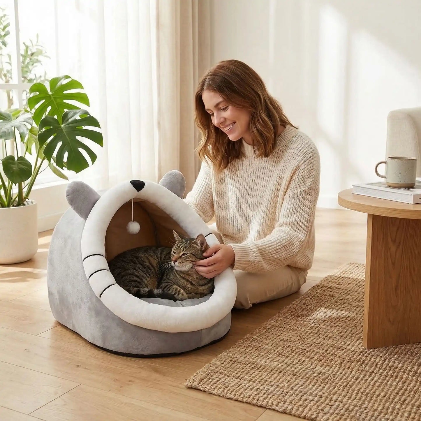 panier chat femme souriante caresse chat tapis mug