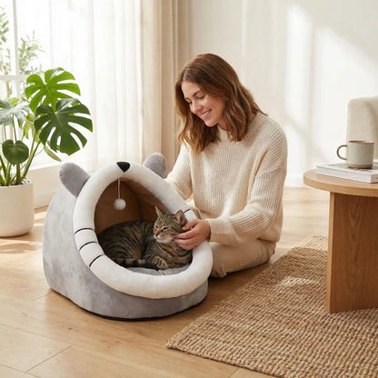 panier chat femme souriante caresse chat tapis mug