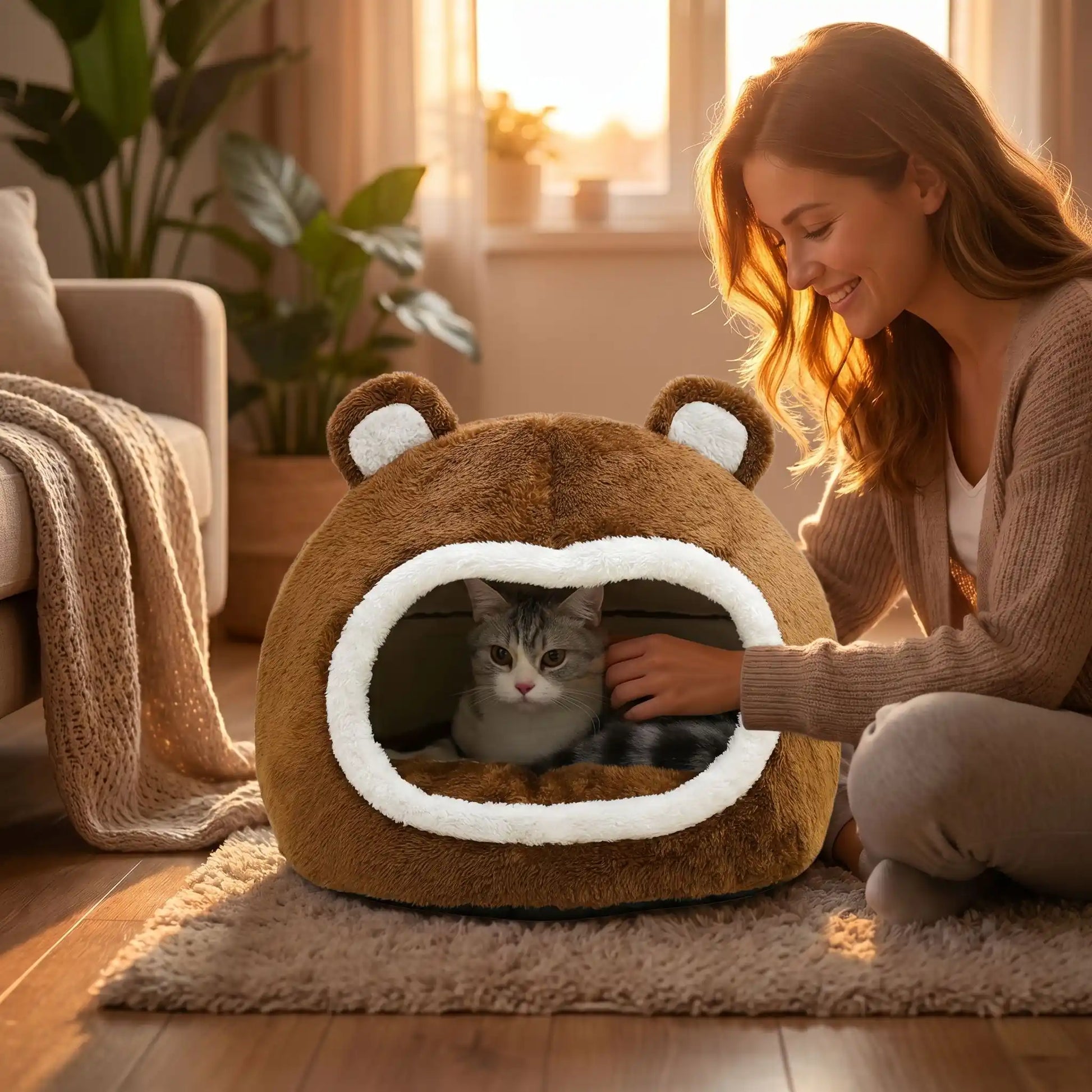 panier chat femme souriante caresse chat tapis plante