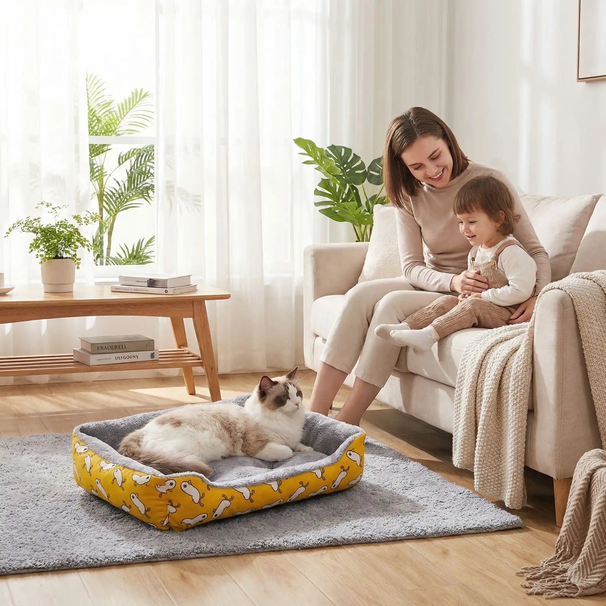 panier chat femme souriante petite filles tapis table